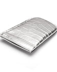 Leather key case with squeeze spring opening, silver croc, front