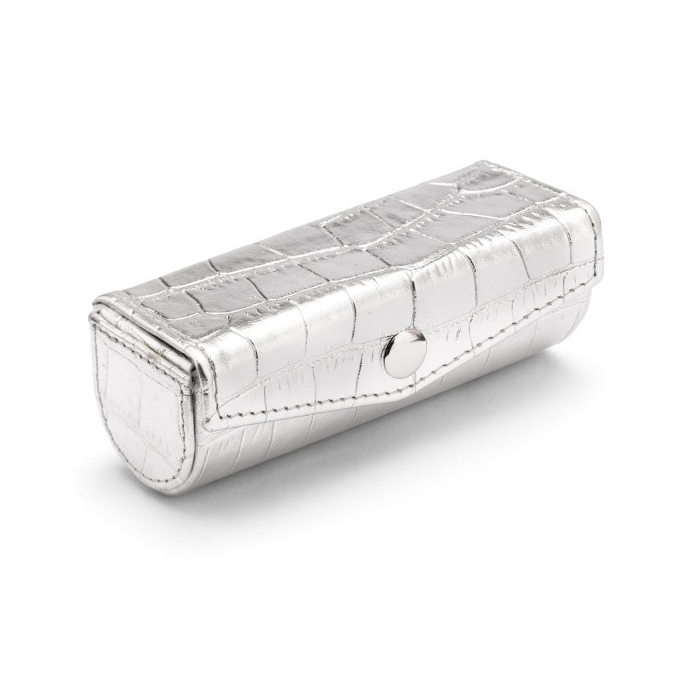 Leather lipstick case, silver croc, side