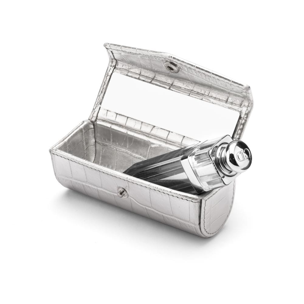 Leather lipstick case, silver croc, inside view