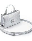 Luxury Leather Maya Top Handle Crossbody Bag, Silver Croc Effect, side