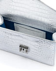 Luxury Leather Maya Top Handle Crossbody Bag, Silver Croc Effect, inside