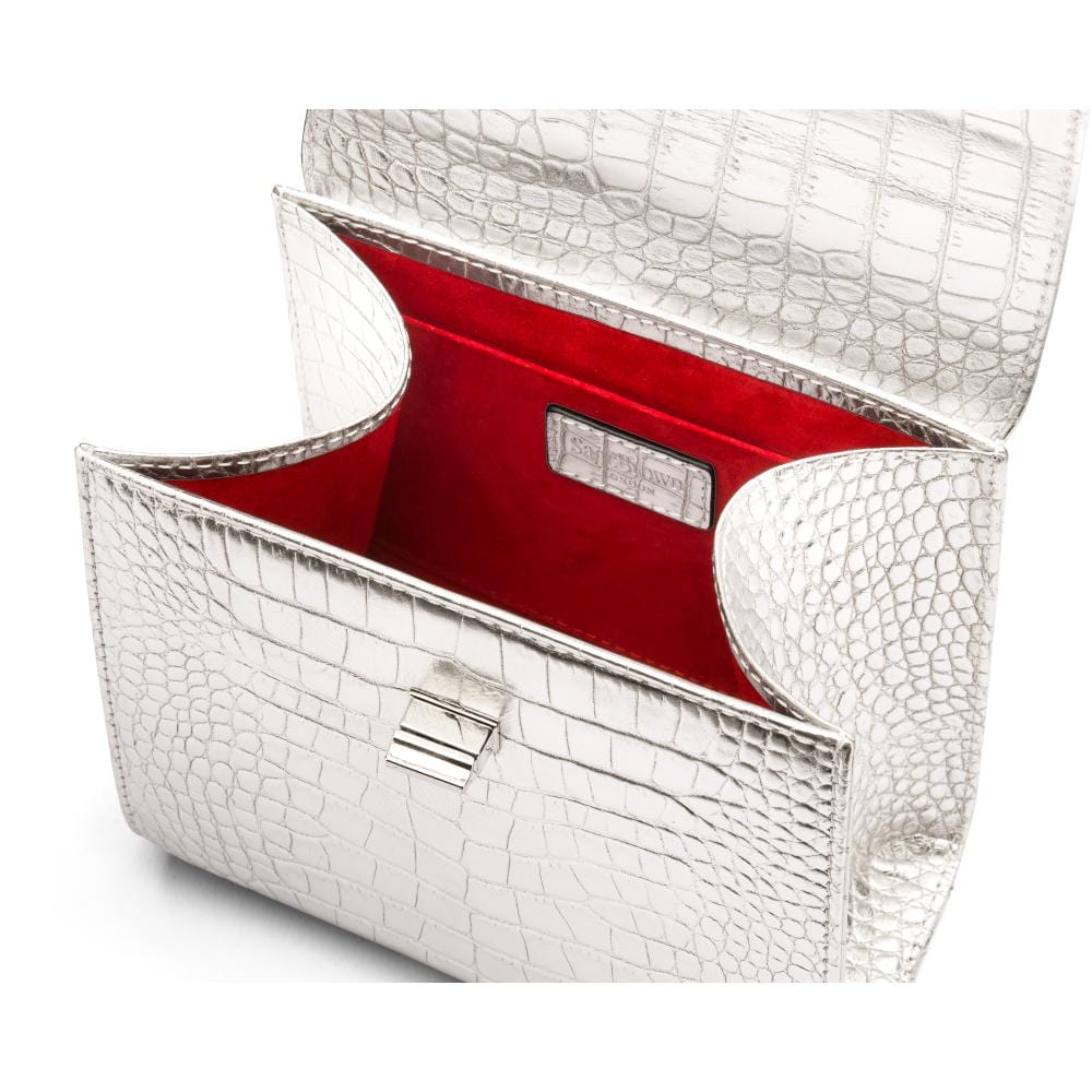 Mini leather Morgan Bag, top handle bag, silver croc, inside