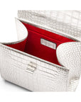 Mini leather Morgan Bag, top handle bag, silver croc, inside