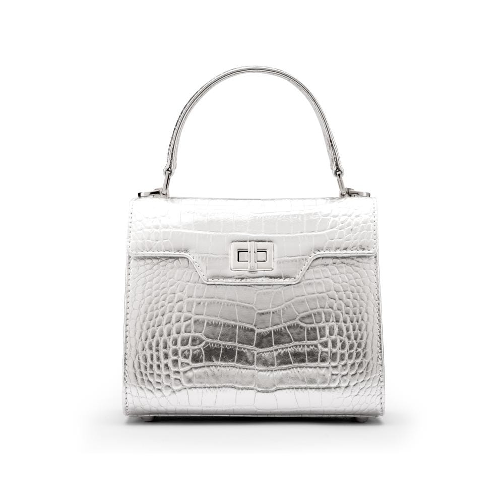 Mini leather Morgan Bag, top handle bag, silver croc, front