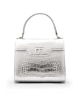 Mini leather Morgan Bag, top handle bag, silver croc, front
