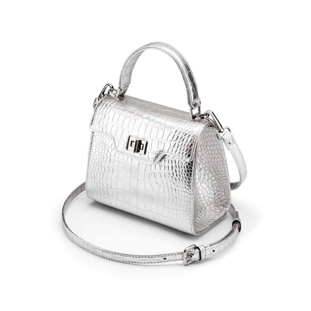 Mini leather Morgan Bag, top handle bag, silver croc, side