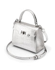 Mini leather Morgan Bag, top handle bag, silver croc, side