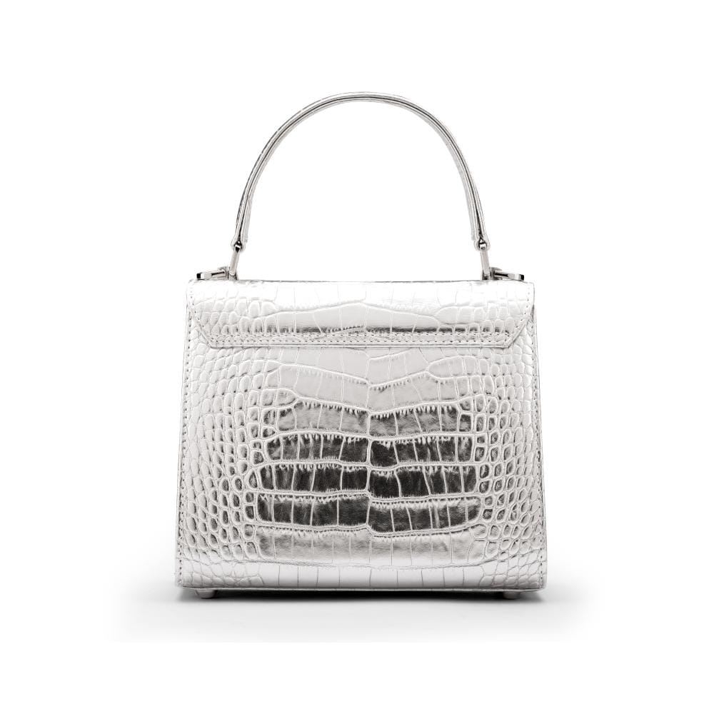 Mini leather Morgan Bag, top handle bag, silver croc, back