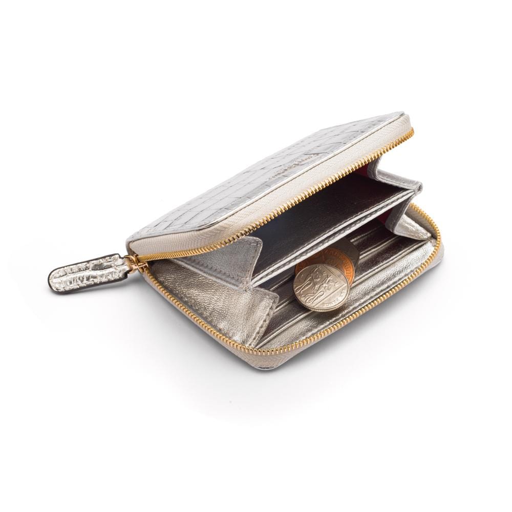 Small leather zip around accordion coin purse, silver croc, inside