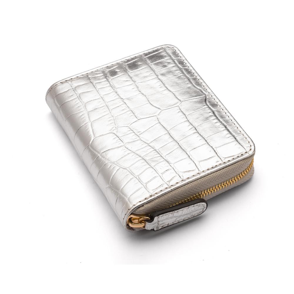 Small leather zip around accordion coin purse, silver croc, front