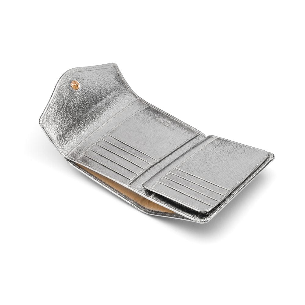 Large leather purse with 15 CC, silver, open