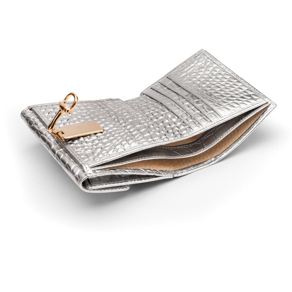 Leather purse with brass clasp, silver croc, inside