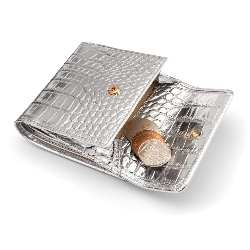 Leather purse with brass clasp, silver croc, open coin purse