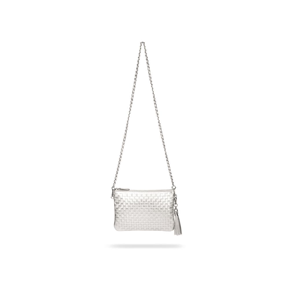 Leather woven cross body bag, silver, with long chain strap