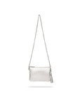 Leather woven cross body bag, silver, with long chain strap