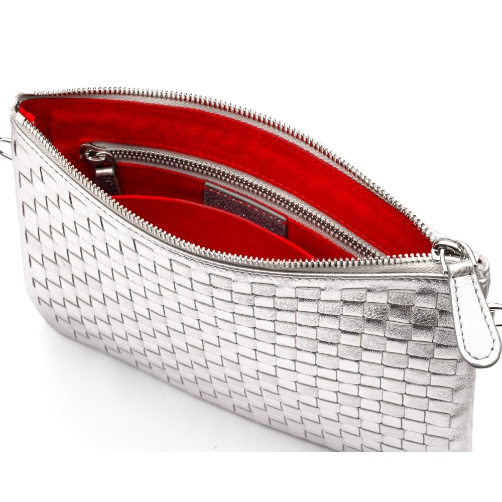 Leather woven cross body bag, silver, inside