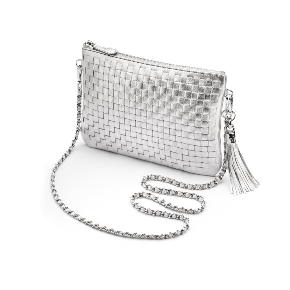 Leather woven cross body bag, silver, side