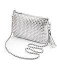 Leather woven cross body bag, silver, side