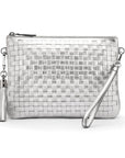 Leather woven cross body bag, silver, front view