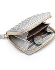 Small zip around woven leather accordion purse, silver, inside