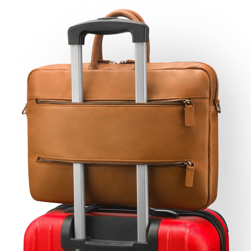 15" slim leather laptop bag, tan, reverse