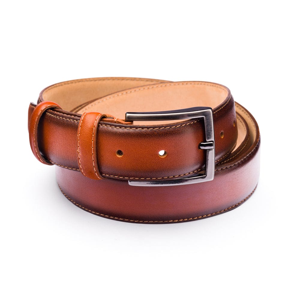 Men's burnished leather belt, tan, front