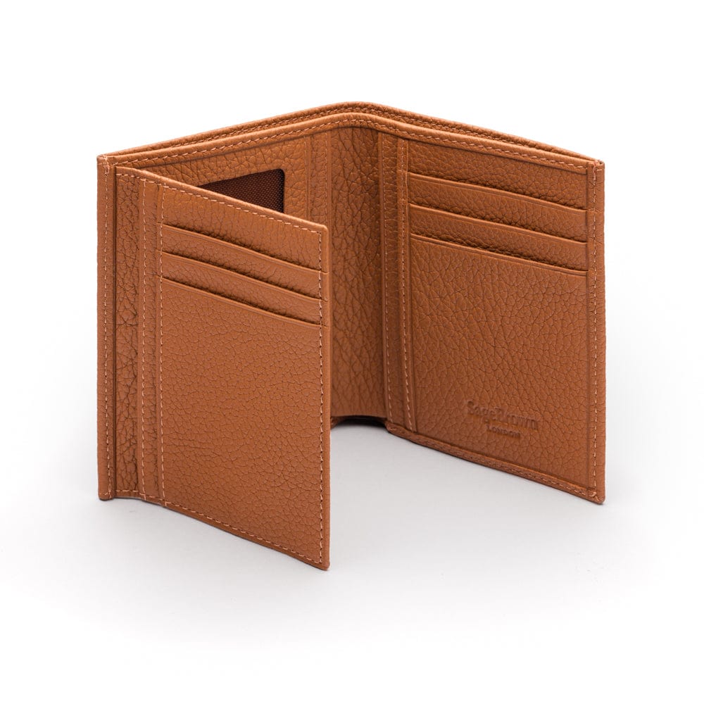 Compact leather wallet with 6 credit card slots and 2 ID windows, tan, inside