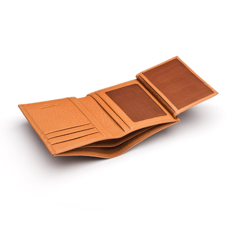 Compact leather wallet with 6 credit card slots and 2 ID windows, tan, open