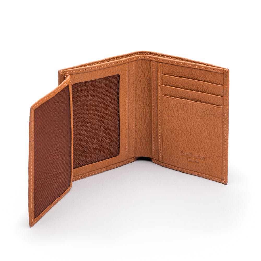 Compact leather wallet with 6 credit card slots and 2 ID windows, tan, extra page