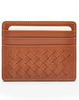 Flat woven leather card holder, tan, front