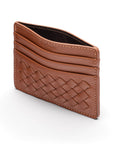 Flat woven leather card holder, tan, open