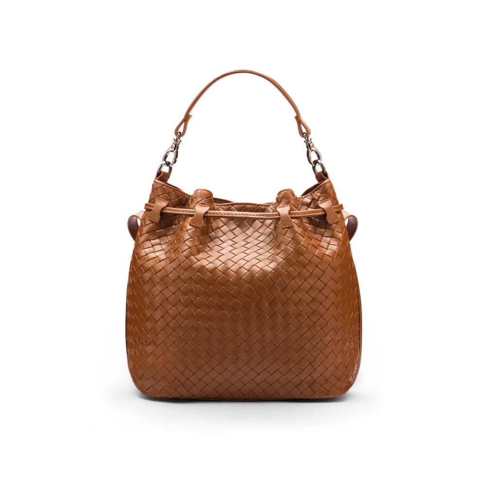 Woven leather bucket bag, tan, back