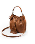 Woven leather bucket bag, tan, side