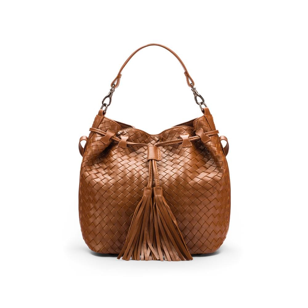 Woven leather bucket bag, tan, front