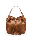Woven leather bucket bag, tan, front