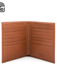 3/4 height leather RFID wallet 14 CC, tan, open