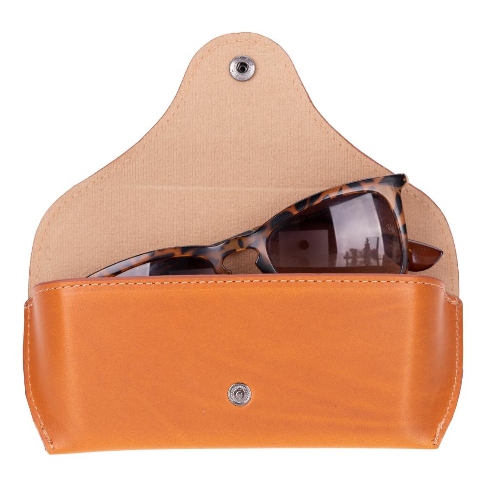 Leather glasses case, tan, open