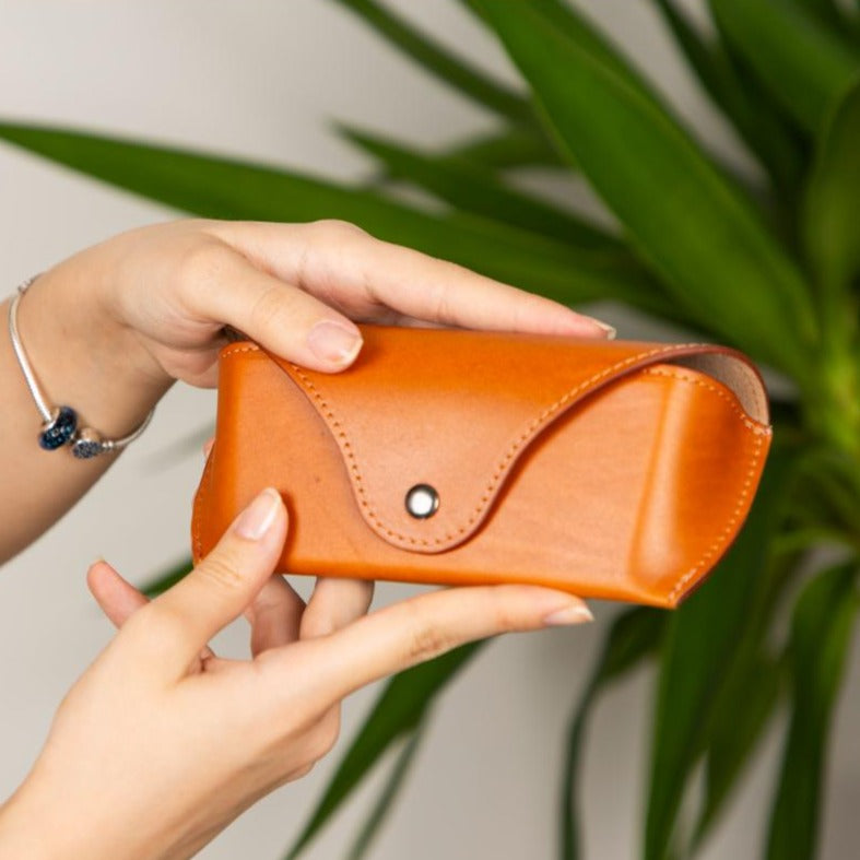 Leather glasses case, tan, lifestyle