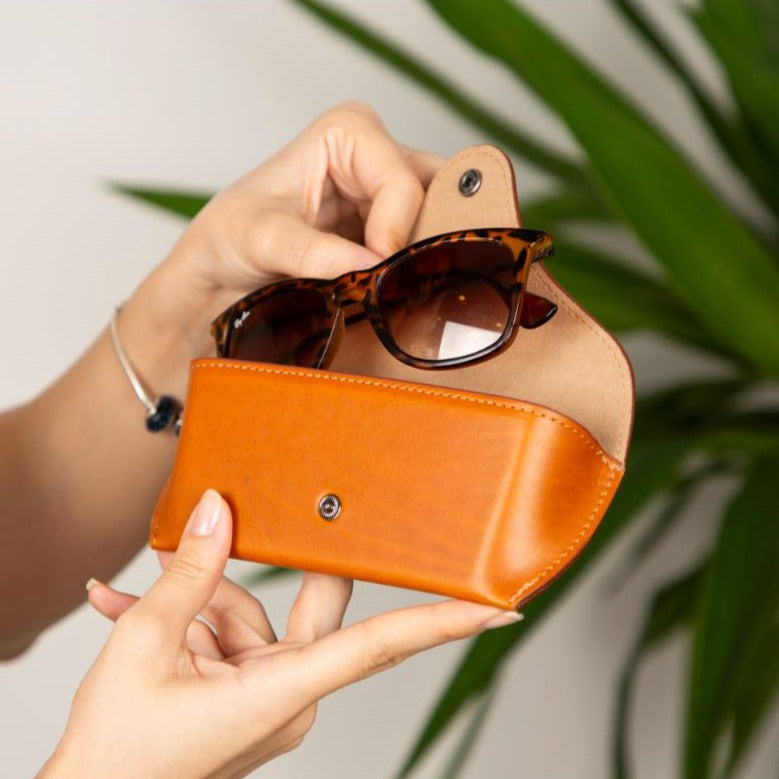 Leather glasses case, tan, lifestyle view