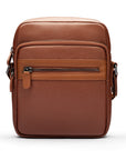Leather messenger bag with zip, tan, front