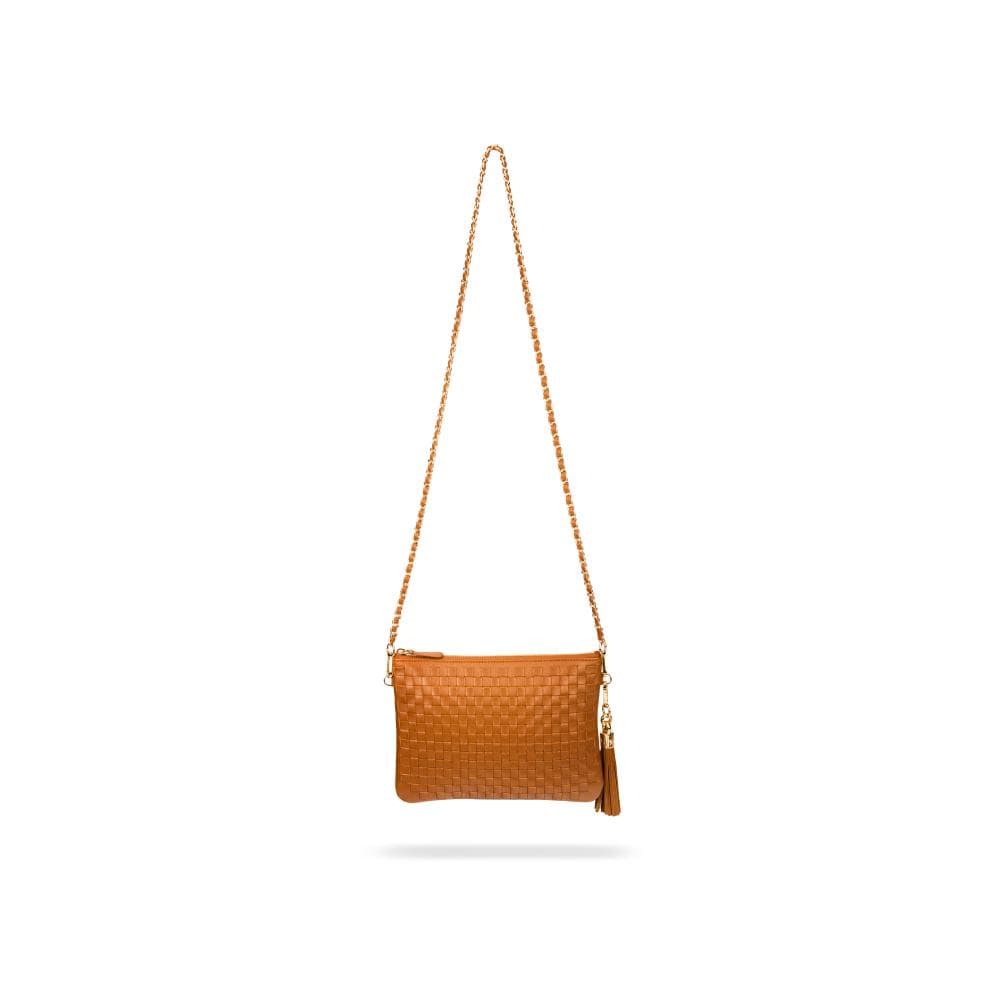 Leather woven cross body bag, tan, with chain strap