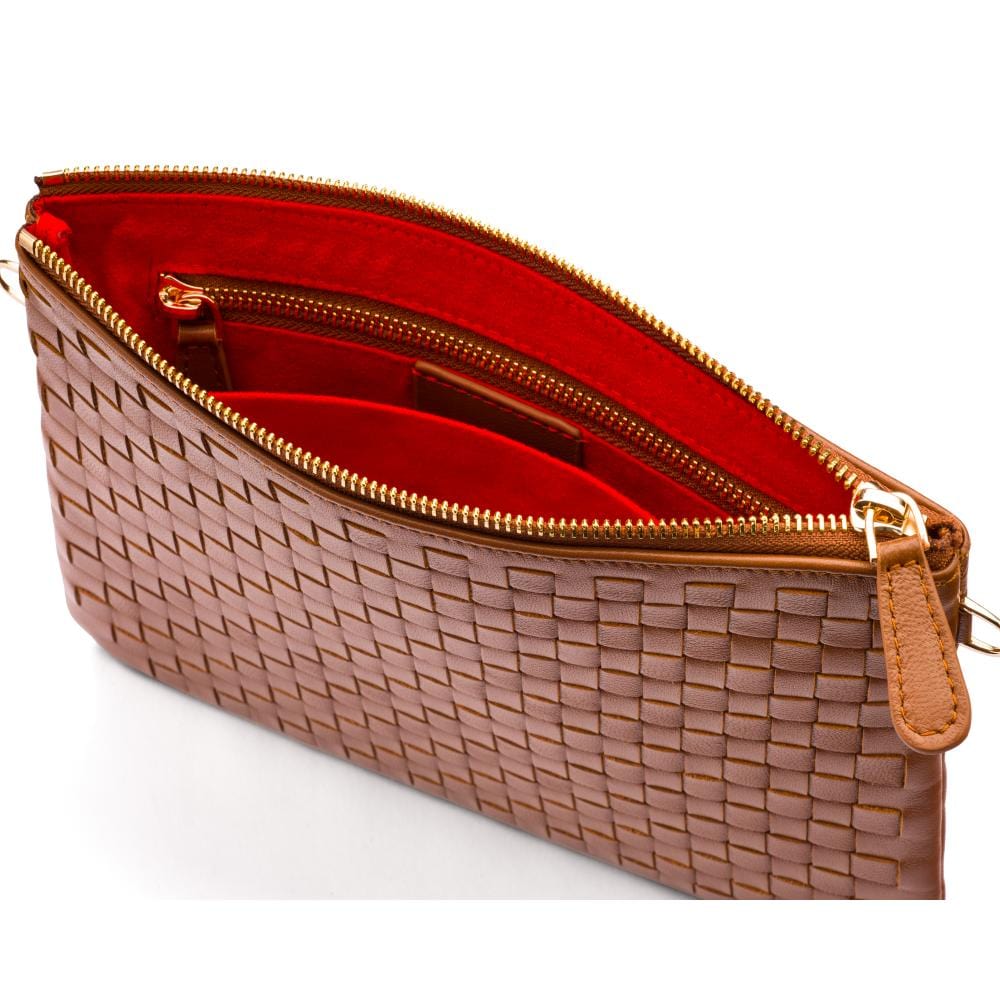 Leather woven cross body bag, tan, inside