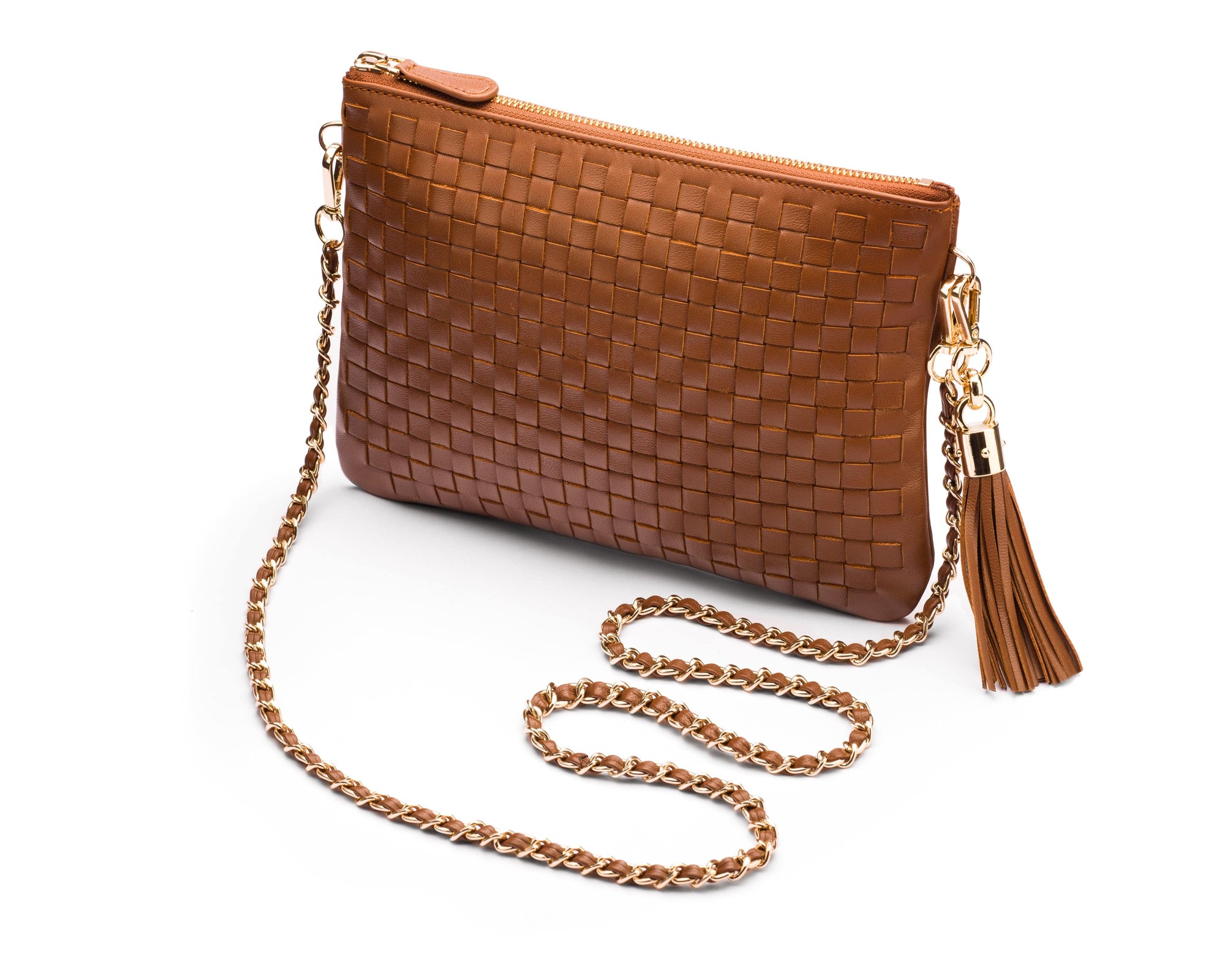 Leather woven cross body bag, tan, side