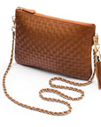 Leather woven cross body bag, tan, side