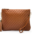 Leather woven cross body bag, tan, front view
