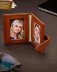 Mini leather passport photo frame, tan 60 x 40mm, lifestyle