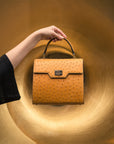 Mini ostrich leather Morgan Bag, top handle bag, tan, lifestyle