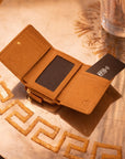 RFID blocking leather tri-fold purse, tan, lifestyle view