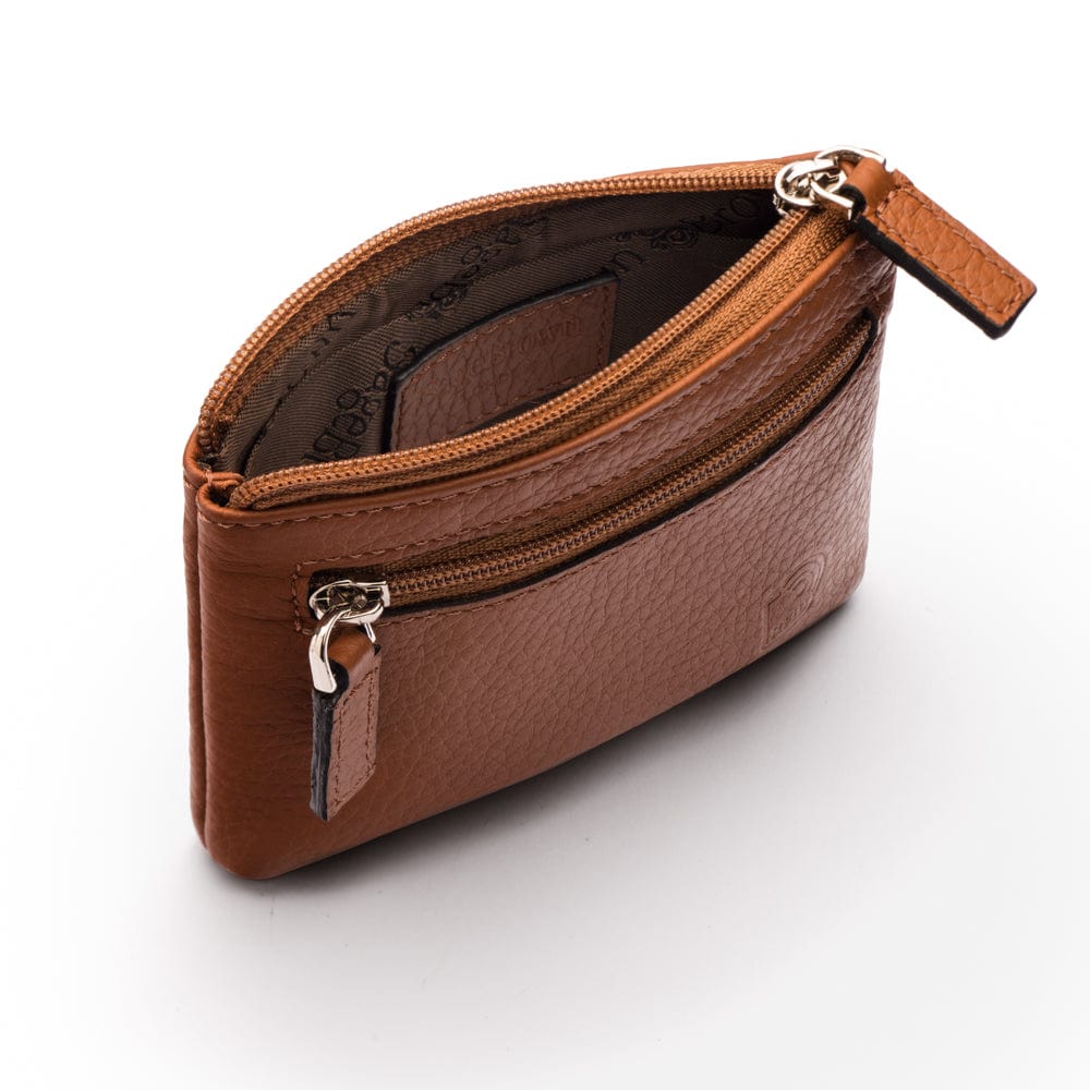 RFID Small leather zip coin pouch, tan pebble grain, open