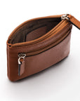 RFID Small leather zip coin pouch, tan pebble grain, open